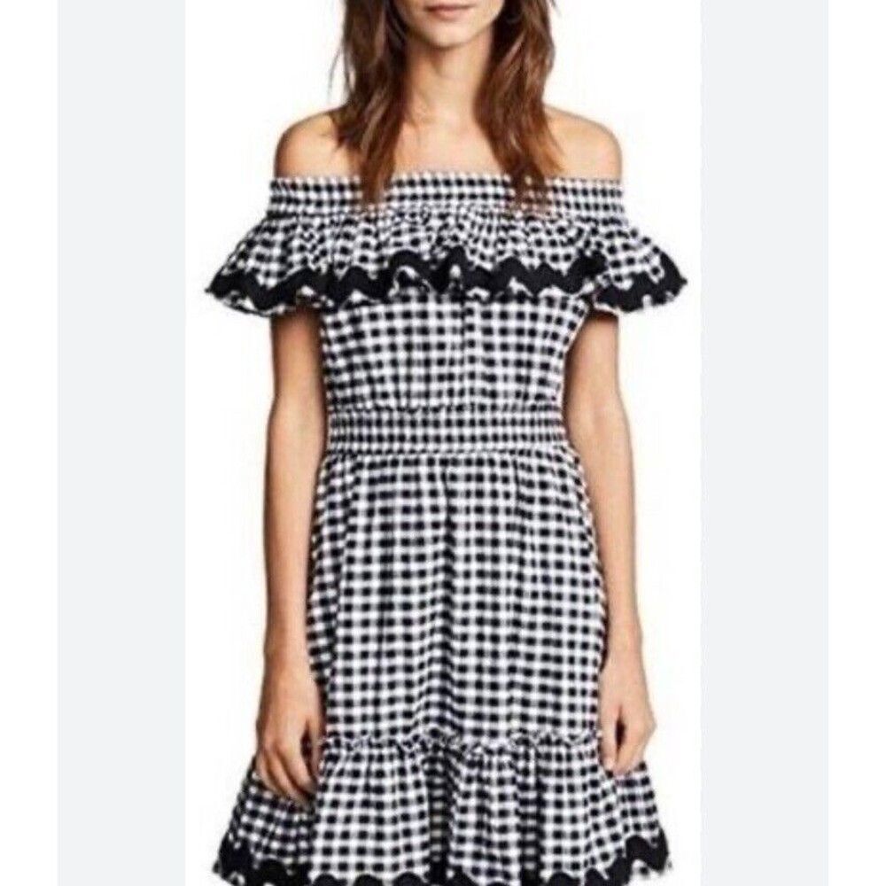 MISA LA Black White Mirela Gingham Plaid Off Shoulder Ruffle Mini Dress Size XS